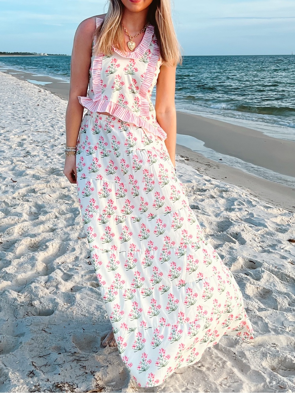 Pink Floral Ruffle Maxi Dress